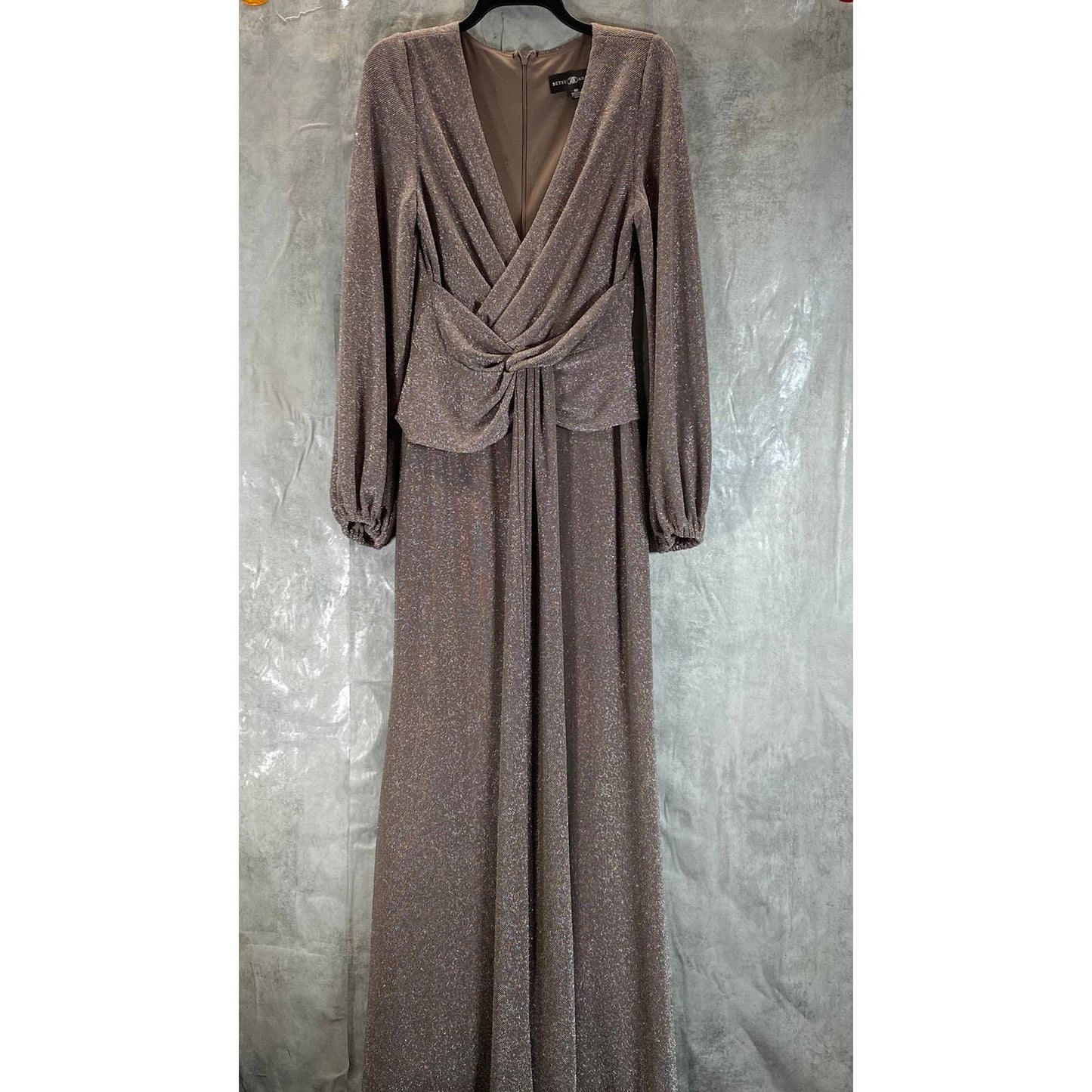 BETSY & ADAM Women's Taupe/Silver Metallic Long-Sleeve Knotted Gown SZ 10