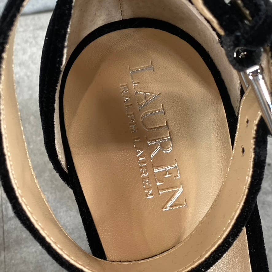 LAUREN RALPH LAUREN Women's Black Faux Suede Sylvia Ankle-Strap Sandals SZ 8.5