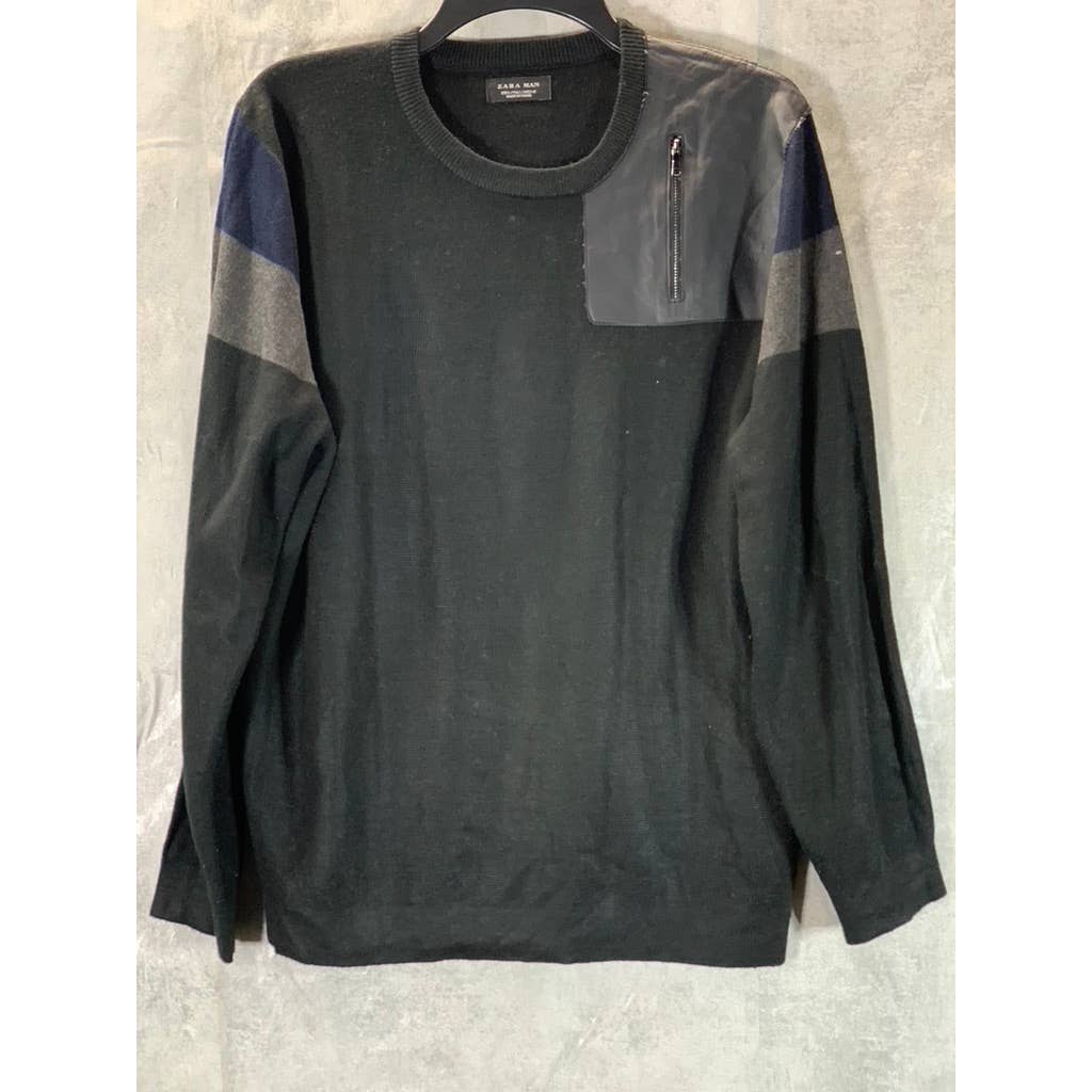 ZARA MAN Men's Black Patch Crewneck Pullover Sweater SZ L