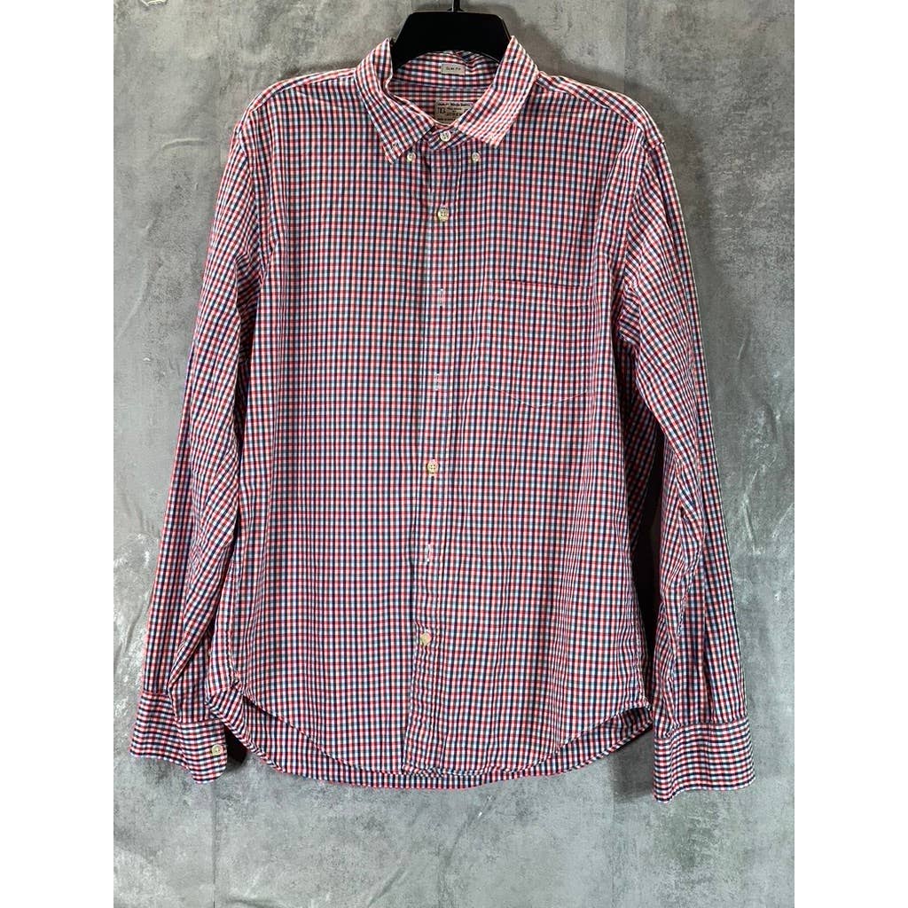 J.CREW Men's Blue/Red Gingham Slim-Fit Lightweight Button-Up Shirt SZ L