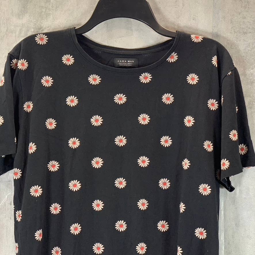 ZARA MAN Men's Black Daisy Print Crewneck Short-Sleeve T-Shirt SZ L