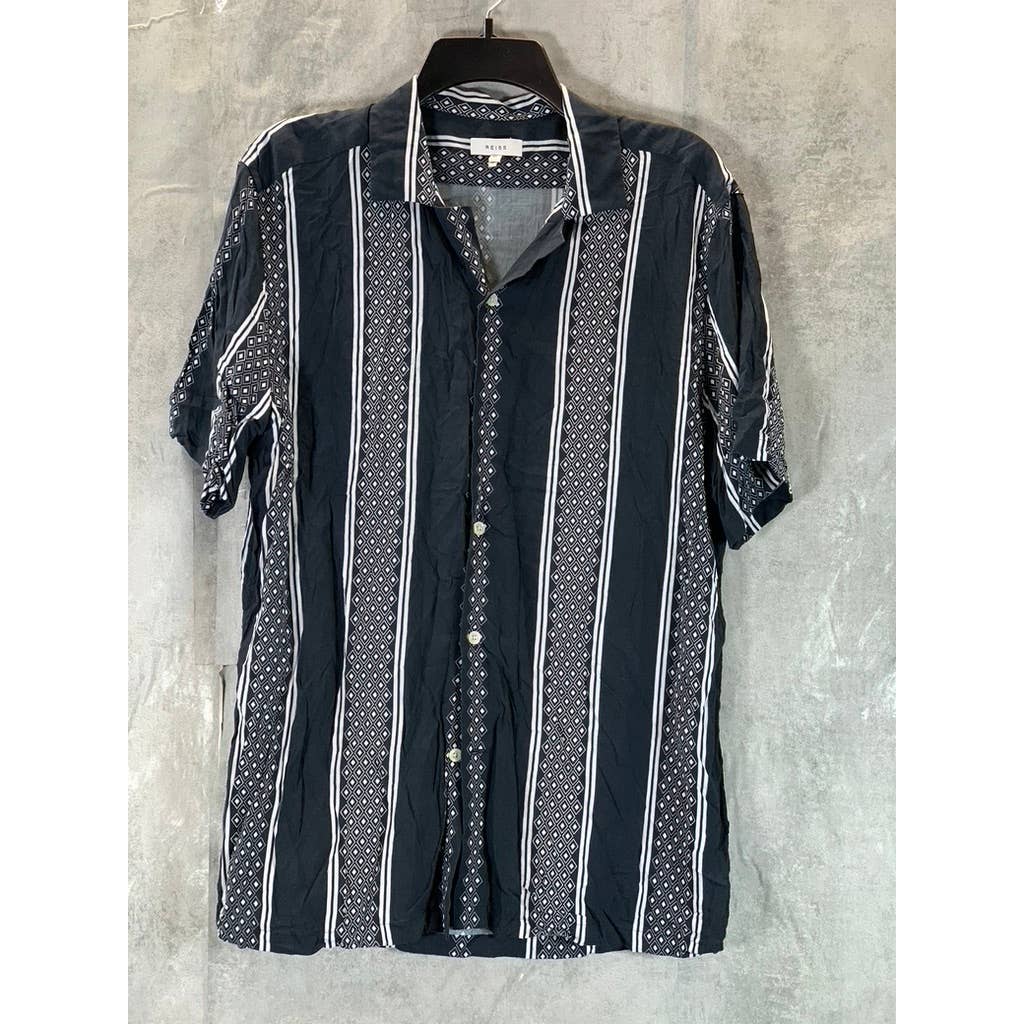 REISS Men's Black/White Diamond Striped Button-Up Short-Sleeve Camp Shirt SZ XL