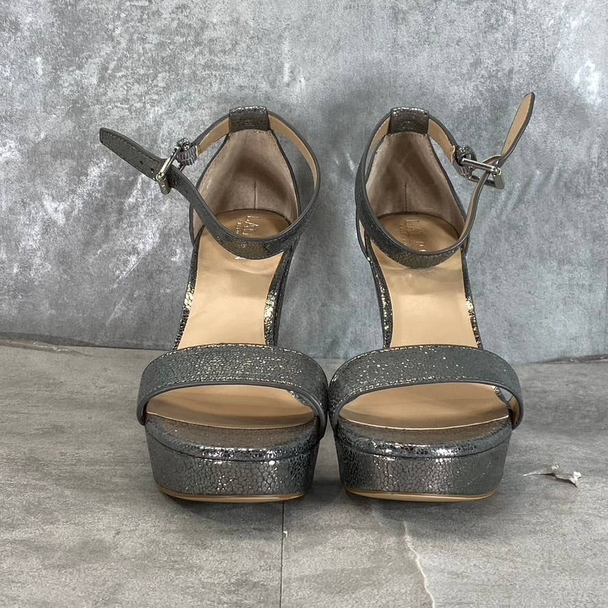LAUREN RALPH LAUREN Women's Grey Crinkly Leather Sylvia Ankle-Strap Sandal SZ7.5