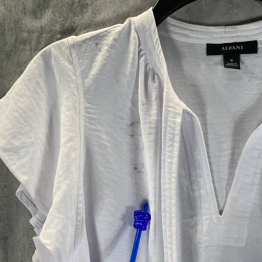 ALFANI Women's Bright White Tie-Neck Flutter-Sleeve Top SZ M