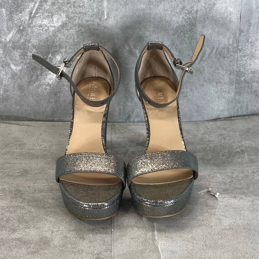 LAUREN RALPH LAUREN Women's Grey Crinkly Leather Sylvia Ankle-Strap Sandal SZ7.5