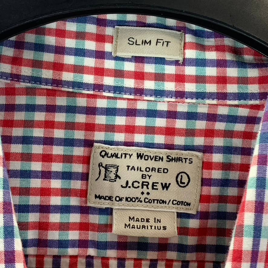 J.CREW Men's Blue/Red Gingham Slim-Fit Lightweight Button-Up Shirt SZ L