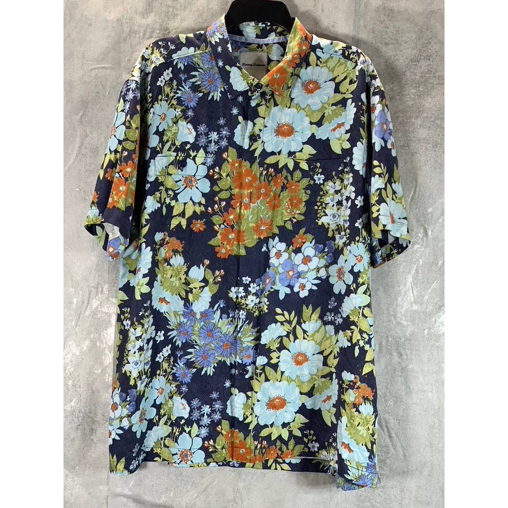 TOMMY BAHAMA Men's Navy Floral-Print Button-Up Short-Sleeve Silk Camp Shirt SZXL