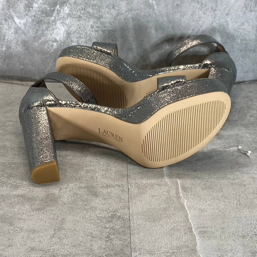 LAUREN RALPH LAUREN Women's Grey Crinkly Leather Sylvia Ankle-Strap Sandal SZ7.5