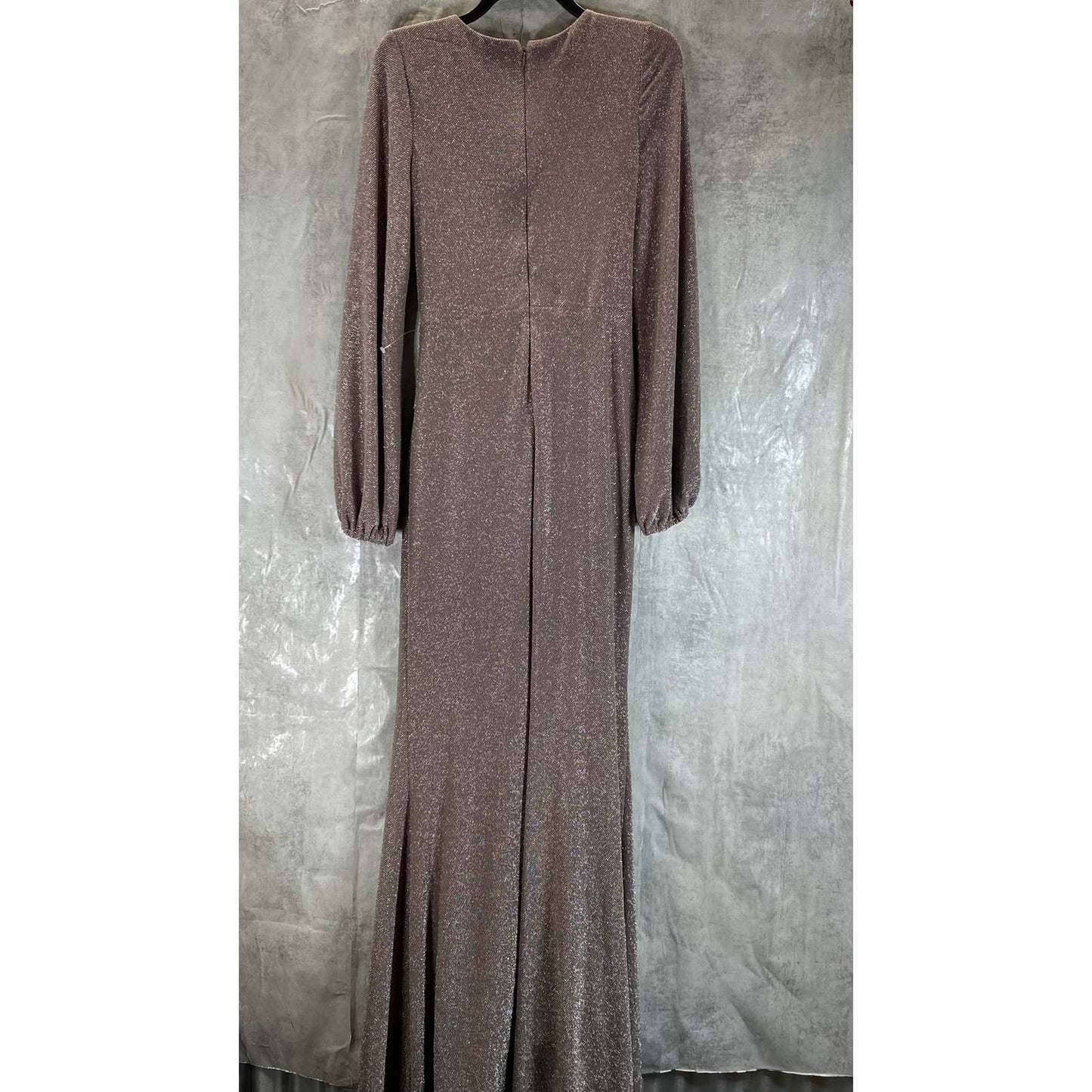 BETSY & ADAM Women's Taupe/Silver Metallic Long-Sleeve Knotted Gown SZ 10