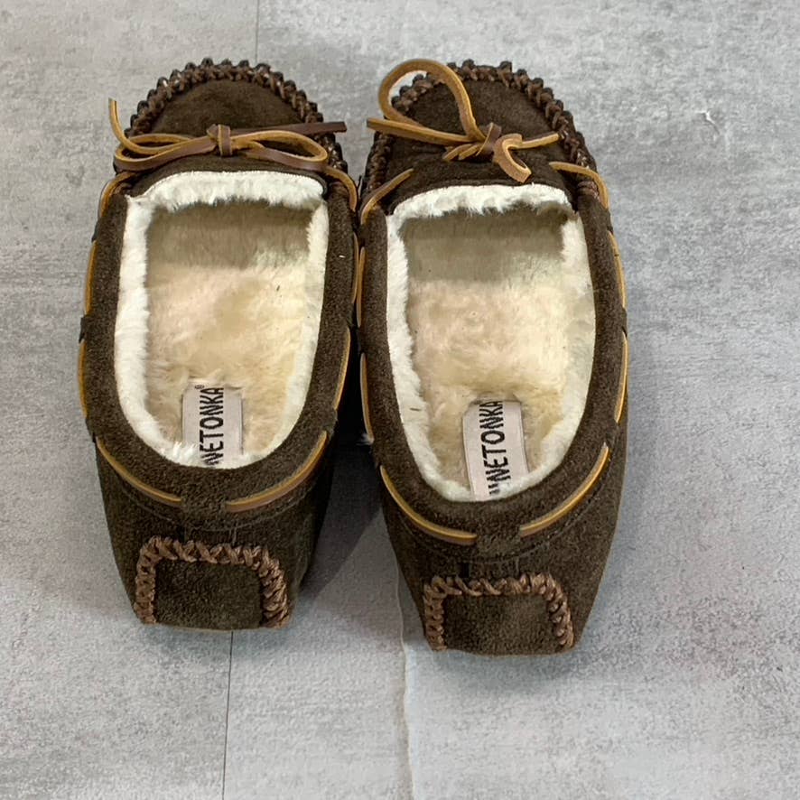 MINNETONKA Women's Chocolate Brown Cally Round-Toe Faux-Fur Moccasin Slipper SZ8