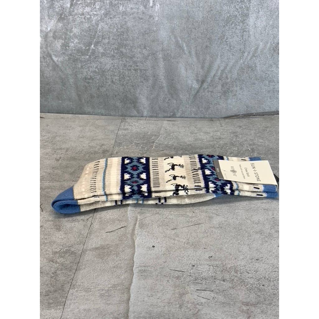 Sun + Stone Men's Blue/Tan Deer Fair Isle Fleece-Lined Crew Single Sock SZ 10-13