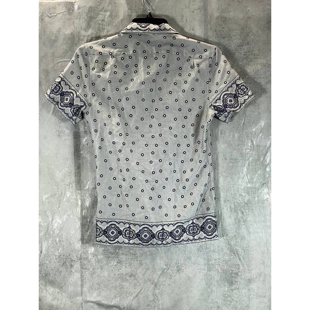 REISS Men's Grey Printed Murph Bordered Cuban Collar Button-Up Shirt SZ M
