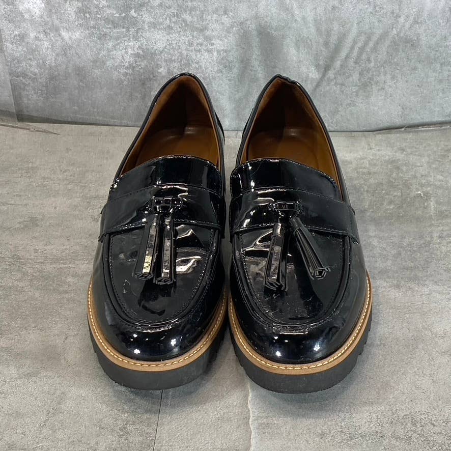 FRANCO SARTO Women's Black Patent Carolynn Almond-Toe Lug Sole Loafers SZ 9.5