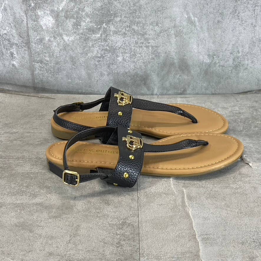 JUICY COUTURE Women's Black Faux-Leather Zing Ankle-Strap Thong Sandals SZ 6.5