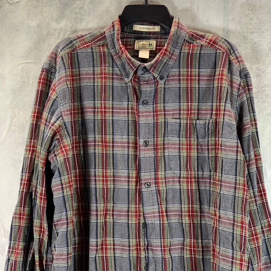 L.L. BEAN Men's Grey Stewart Scotch Plaid Traditional-Fit Flannel Shirt SZ XL