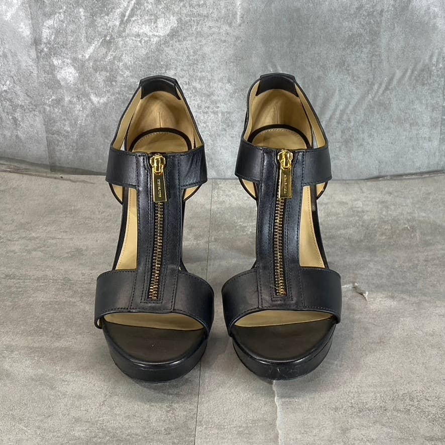 MICHAEL MICHAEL KORS Women's Black Leather Berkley T-Strap Platform Sandals SZ 9