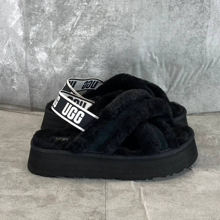 UGG Women's Black Fur Disco Cross Slide Elastic Ankle-Strap Slippers SZ 8