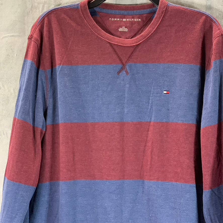 TOMMY HILFIGER Men's Navy/Burgundy Striped Regular-Fit Crewneck Sweater SZ L