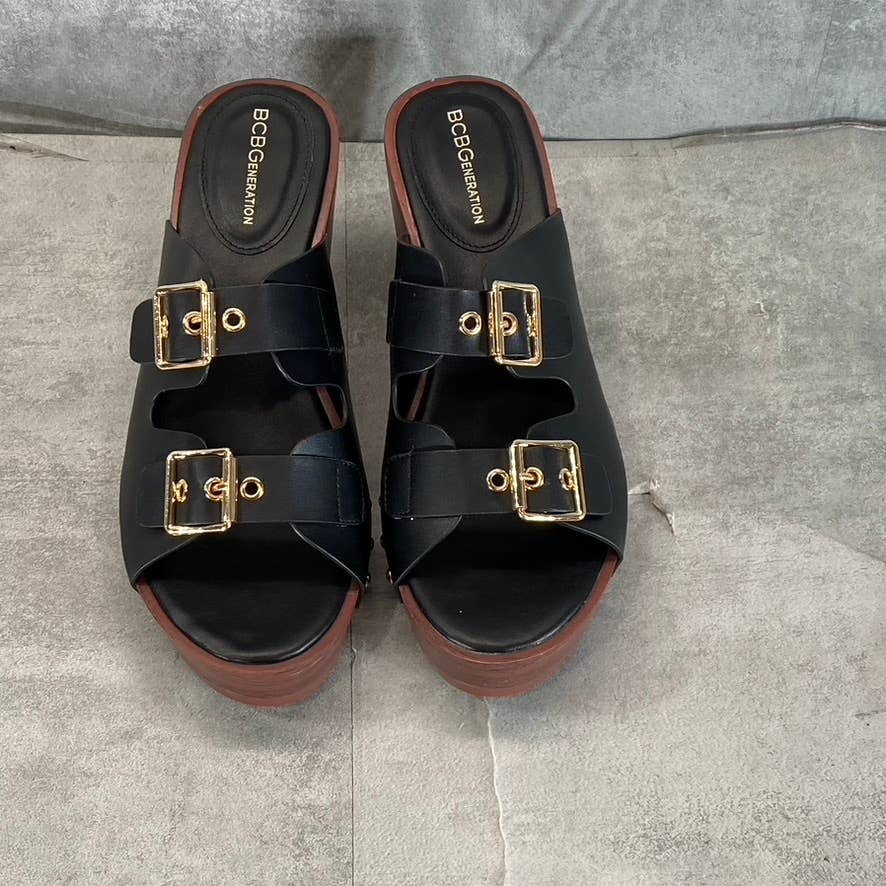 BCBGENERATION Women's Black Faux-Leather Yolanda Peep-Toe Clog Sandals SZ 9.5