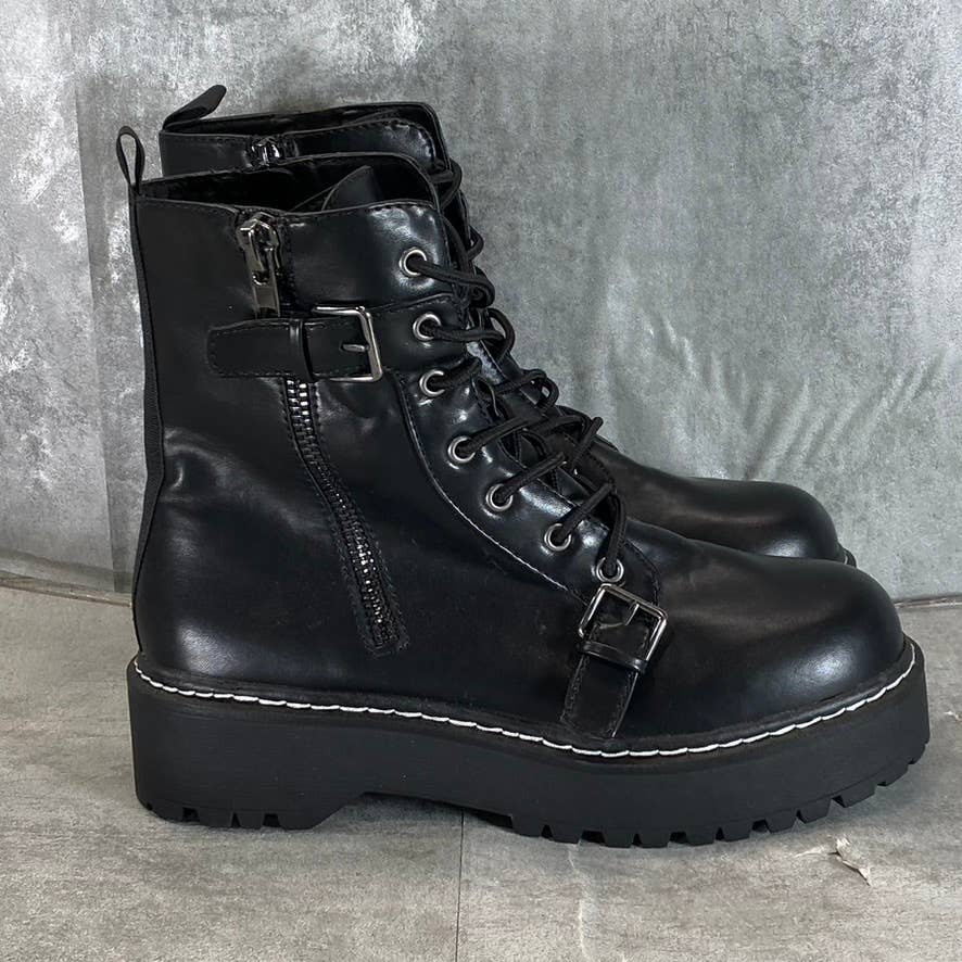 WILD PAIR Women's Black Faux-Leather Arriele Lug-Sole Platform Boots SZ 9.5