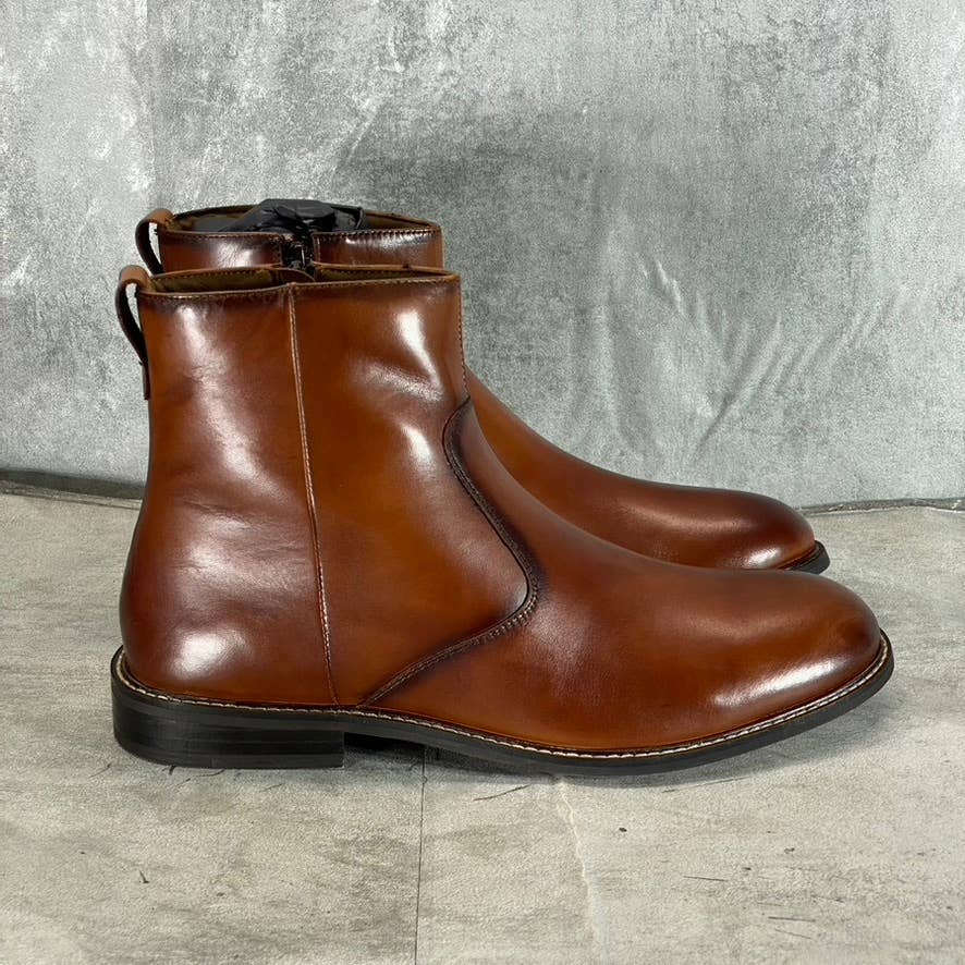 THOMAS & VINE Men's Brown Leather Faust Round-Toe Side-Zip Ankle Boots SZ 10