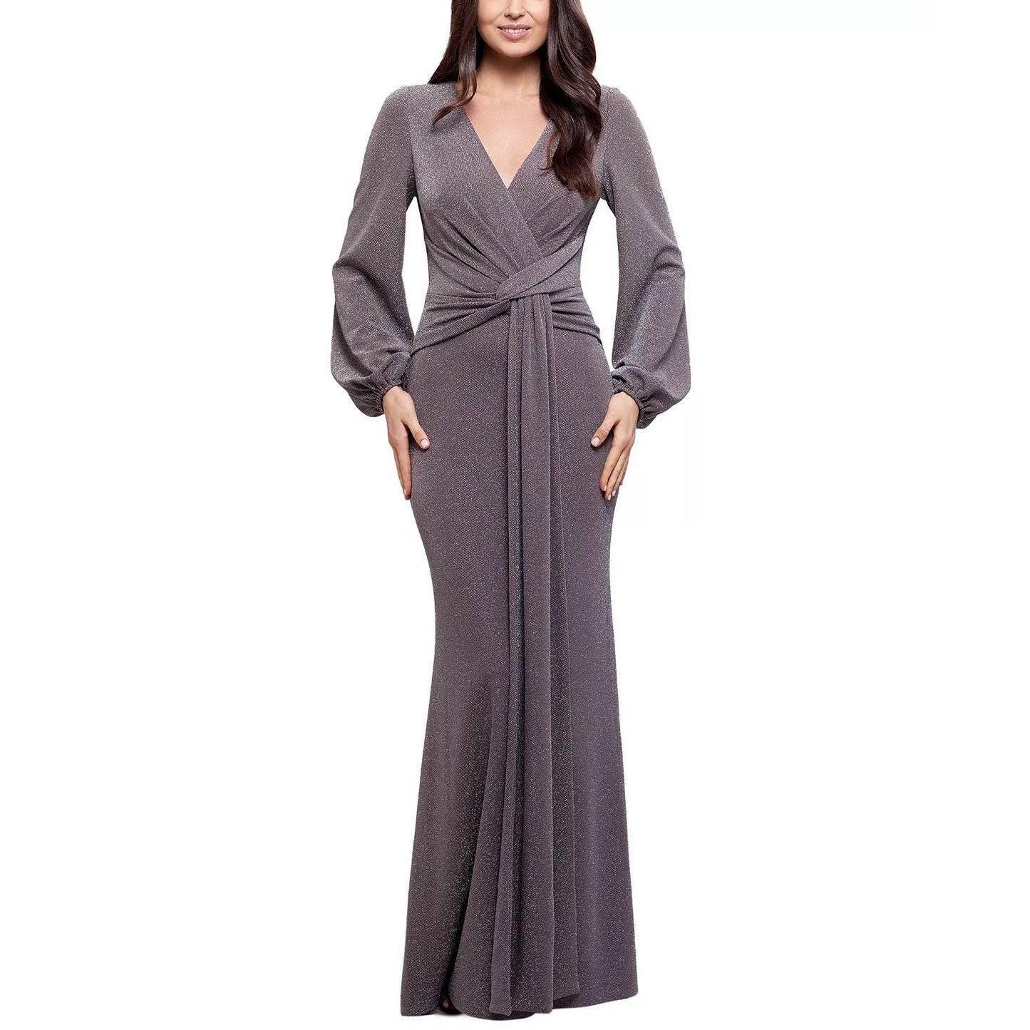 BETSY & ADAM Women's Taupe/Silver Metallic Long-Sleeve Knotted Gown SZ 10