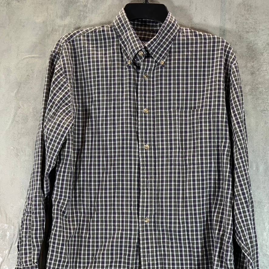 LANDS' END Men's Navy Mini Check Regular-Fit Button-Up Dress Shirt SZ 15.5-32