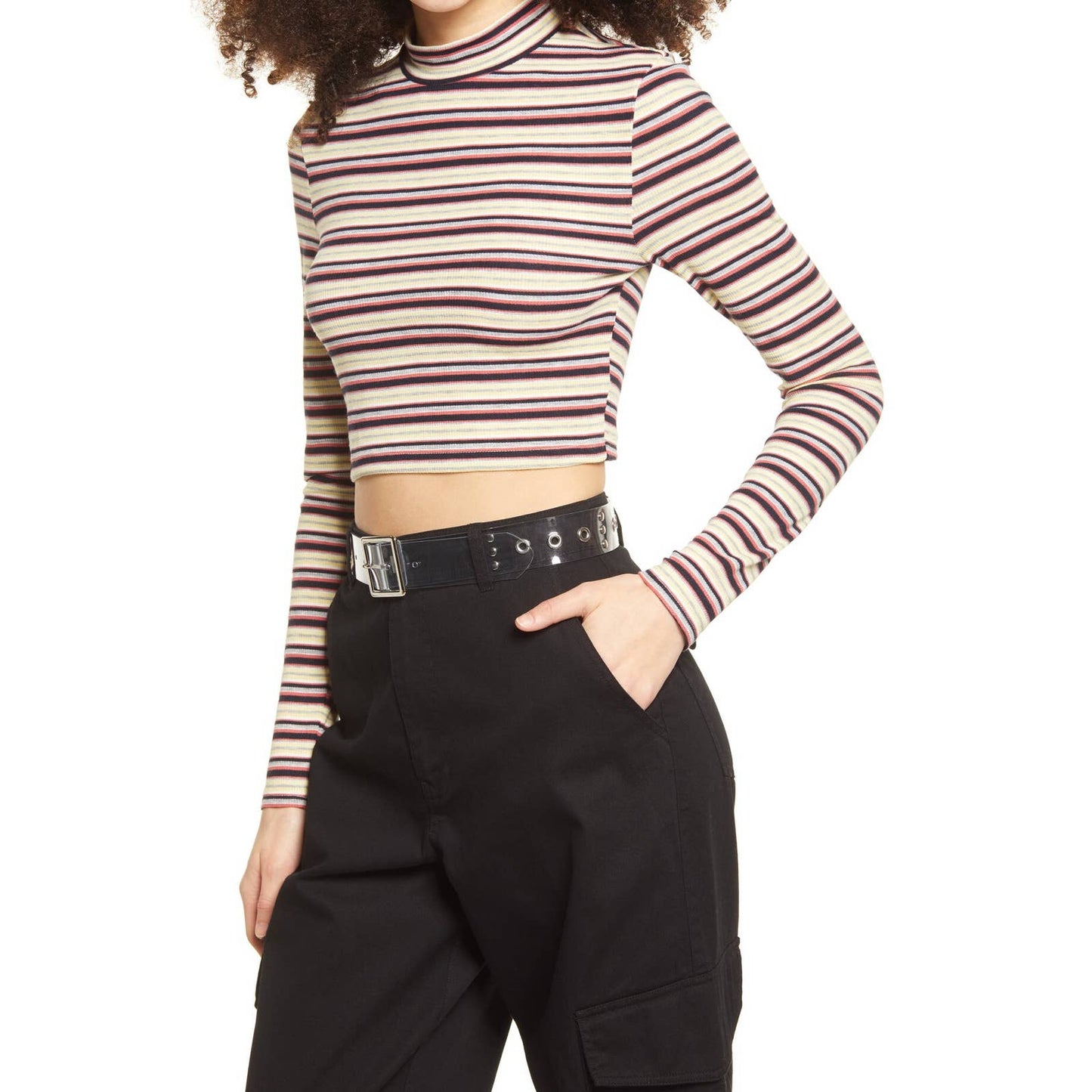 BP. Women's Yellow Multi Stripe Ribbed Mock Neck Long Sleeve Crop Top SZ XL