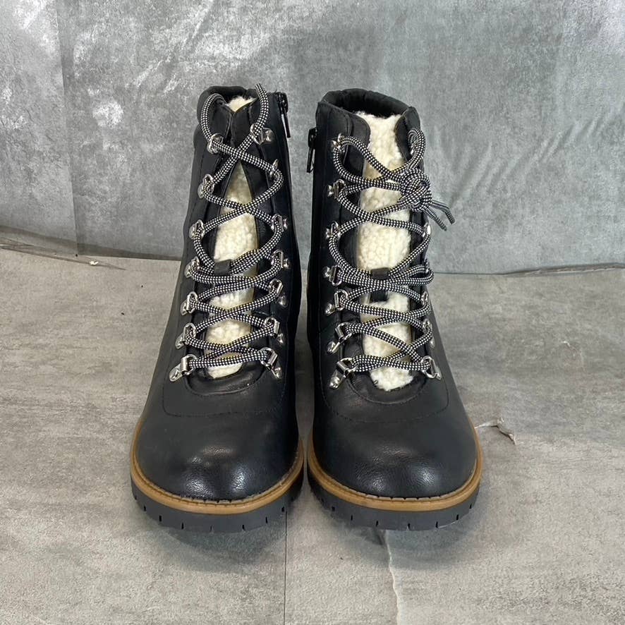STYLE & CO Women's Black Faux-Leather Maariah Faux-Shearling Lace-Up Boots SZ 10