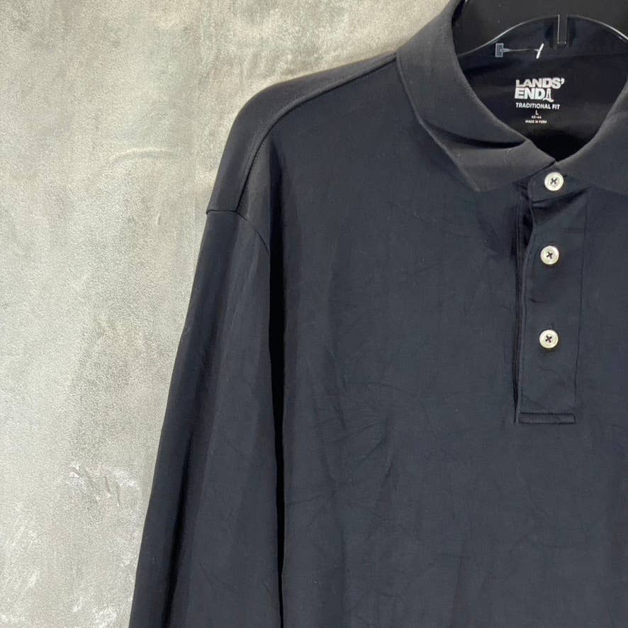 LANDS' END Men's Black Traditional-Fit Long-Sleeve Polo Shirt SZ L