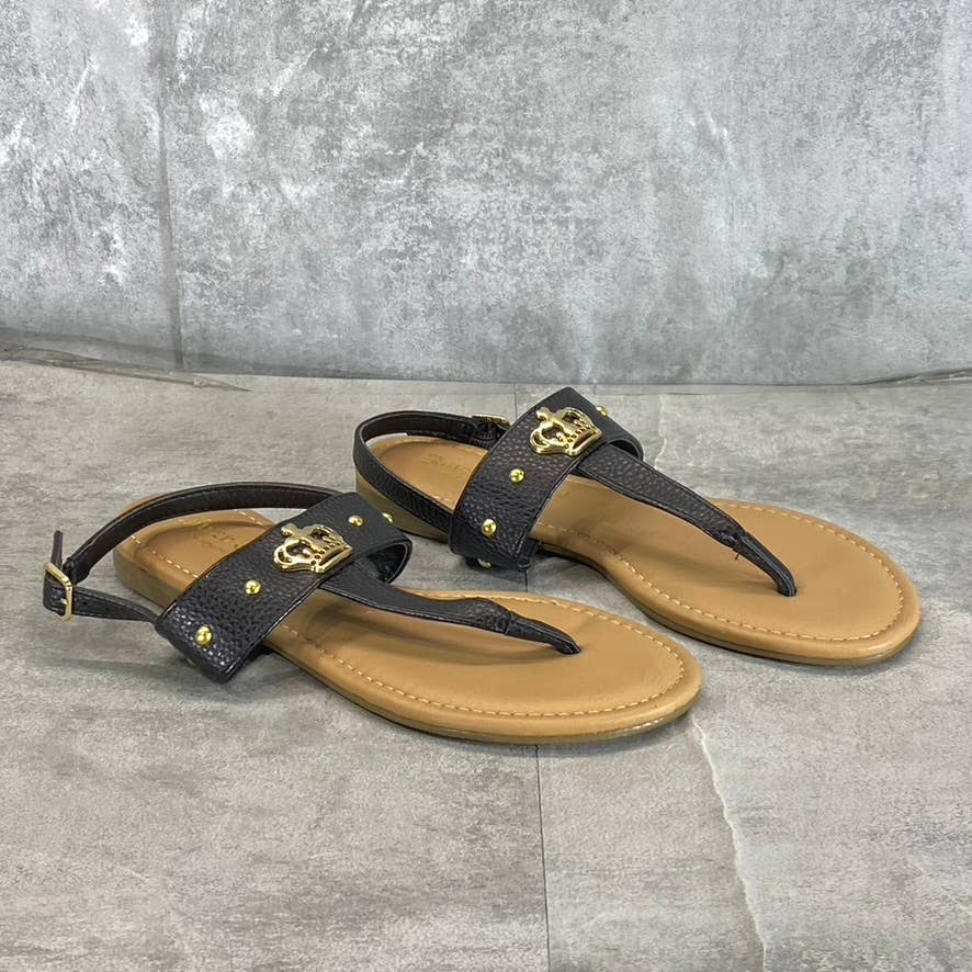 JUICY COUTURE Women's Black Faux-Leather Zing Ankle-Strap Thong Sandals SZ 6.5