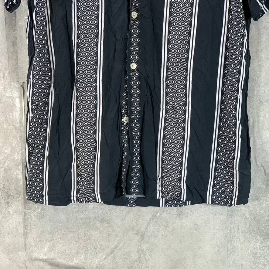 REISS Men's Black/White Diamond Striped Button-Up Short-Sleeve Camp Shirt SZ XL