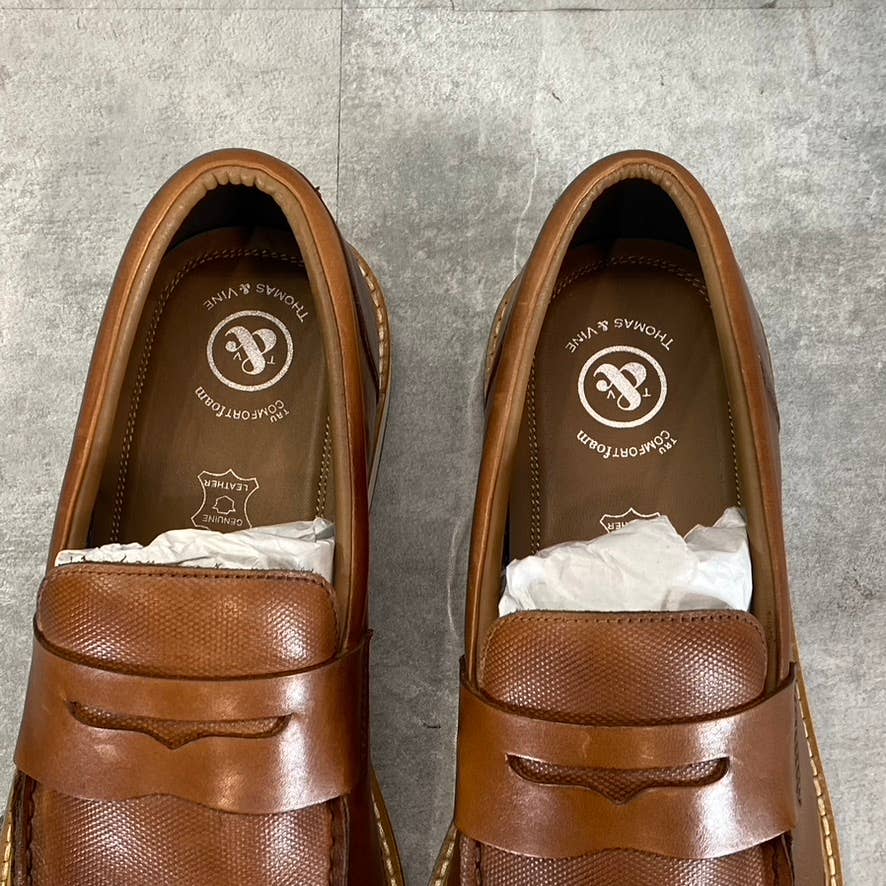 THOMAS & VINE Men's Cognac Leather Watkins Slip-On Penny Loafers SZ12