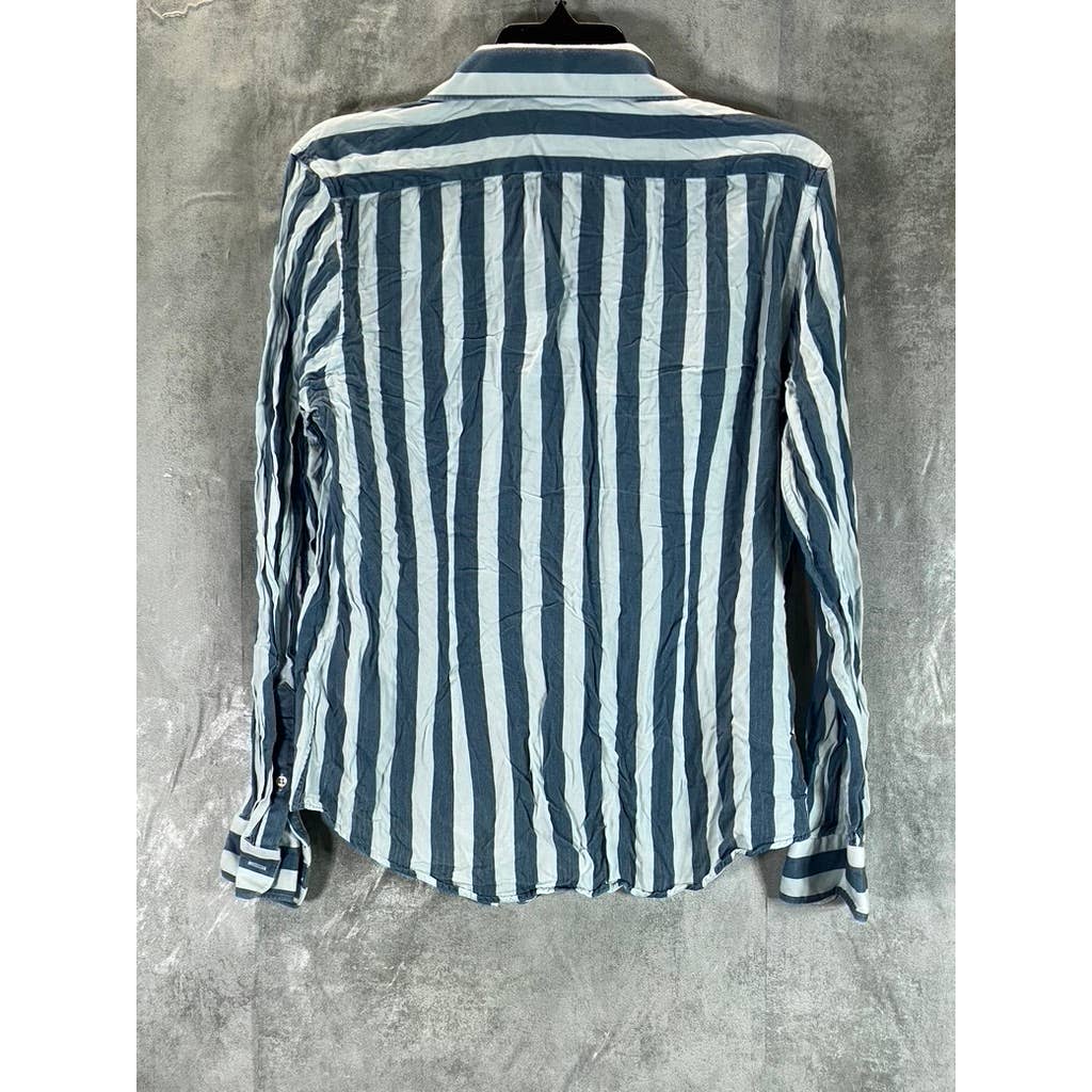 REISS Men's White/Navy Wide Stripe Slim-Fit Button-Up Long-Sleeve Shirt SZ L