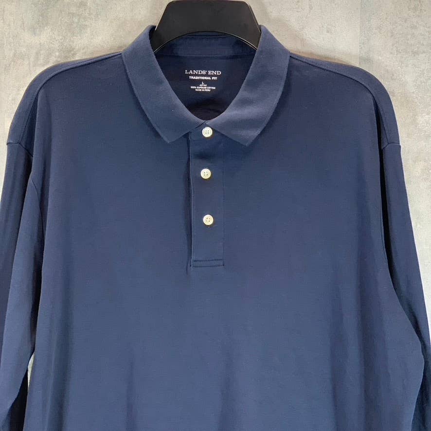 LANDS' END Men's Navy Traditional-Fit Supima Long-Sleeve Polo Shirt SZ L