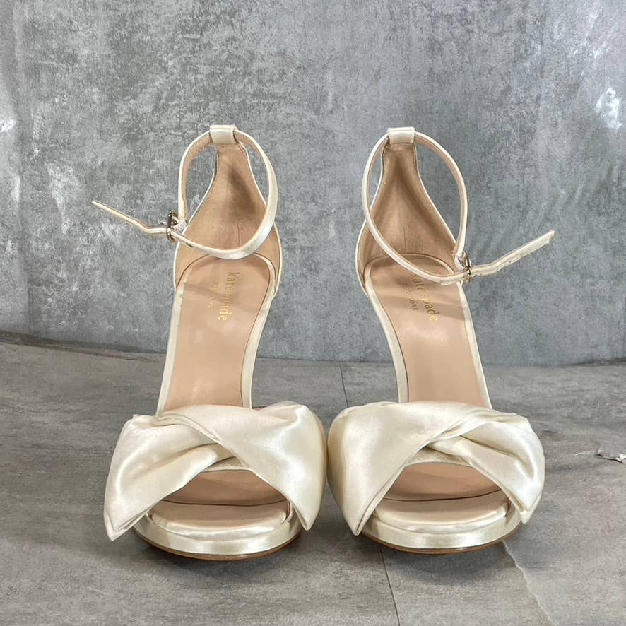 KATE SPADE Women's Ivory Satin Bridal Bow Ankle-Strap Stiletto Dress Sandals SZ7