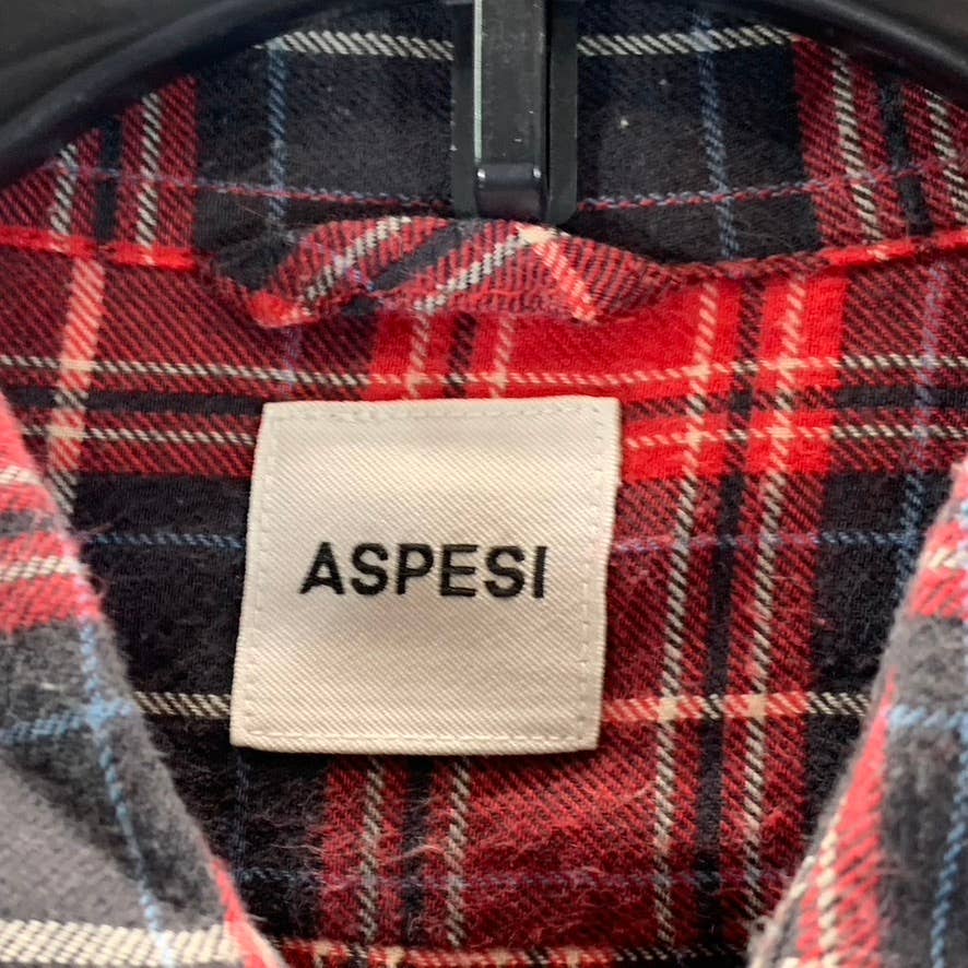 ASPESI Men's Red/Black Checkered Button-Up Long-Sleeve Shirt SZ S