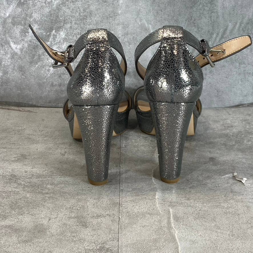 LAUREN RALPH LAUREN Women's Grey Crinkly Leather Sylvia Ankle-Strap Sandal SZ7.5