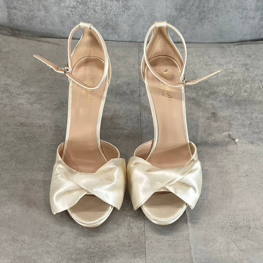 KATE SPADE Women's Ivory Satin Bridal Bow Ankle-Strap Stiletto Dress Sandals SZ7
