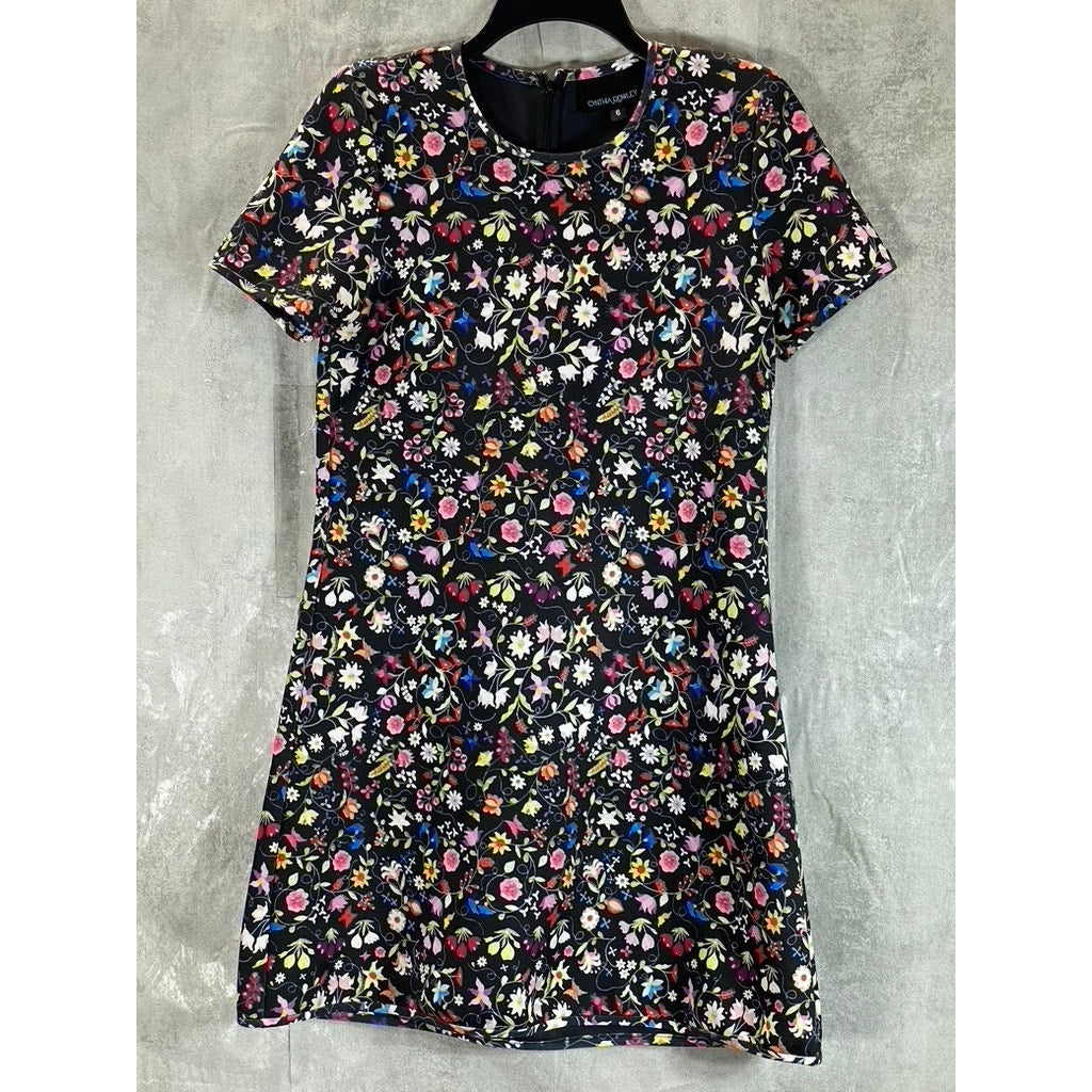 CYNTHIA ROWLEY Women's Black Floral Print Crewneck Short Sleeve Mini Dress SZ 6