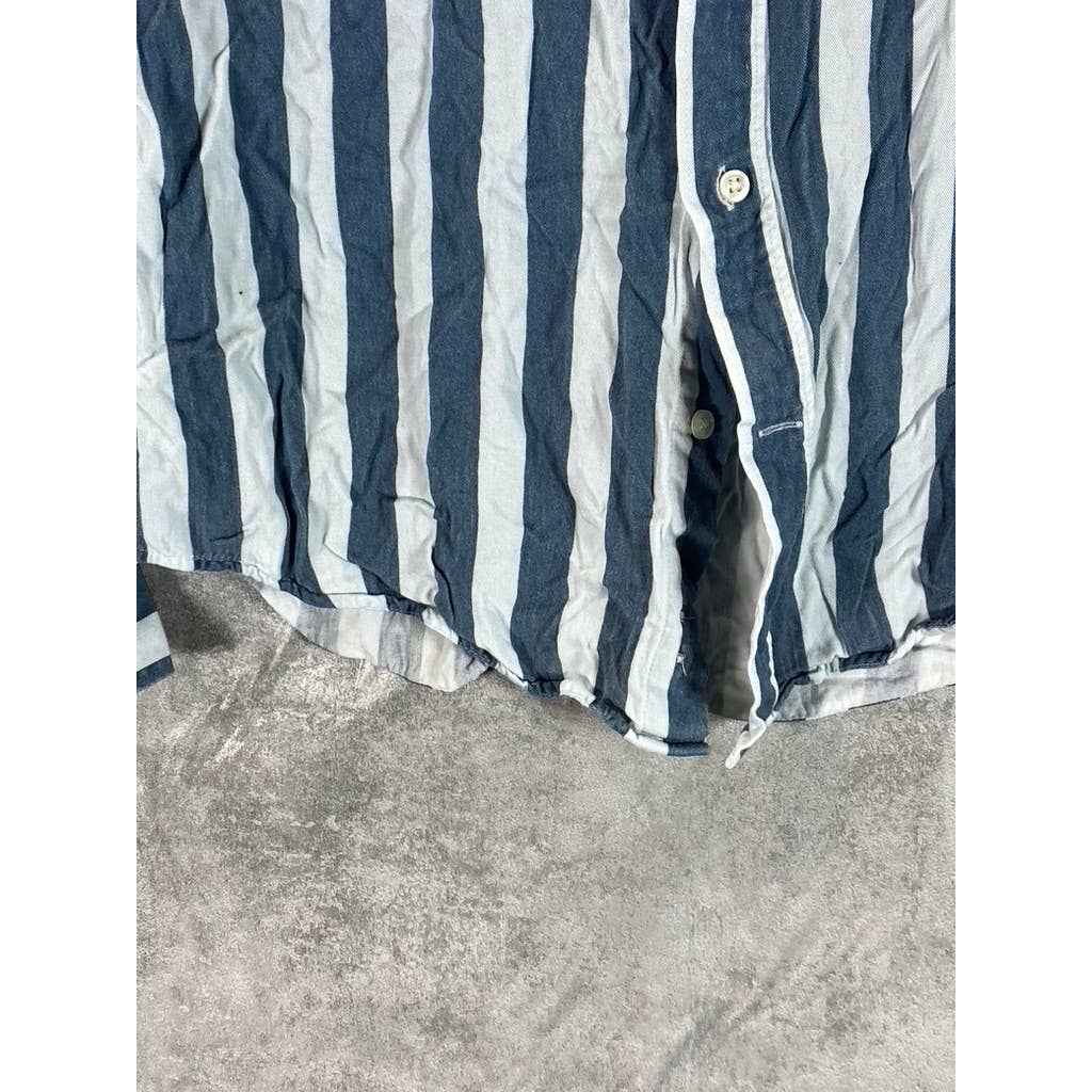 REISS Men's White/Navy Wide Stripe Slim-Fit Button-Up Long-Sleeve Shirt SZ L