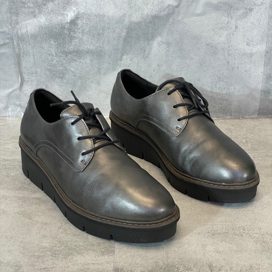 CLARKS Women's Wide Gunmetal Leather Airabell Tye Lace-Up Wedge Loafers SZ 10W