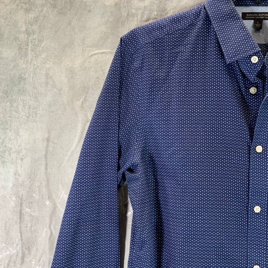 BANANA REPUBLIC Men's Navy Dot Print Non-Iron Tailored Slim-Fit Shirt SZ L