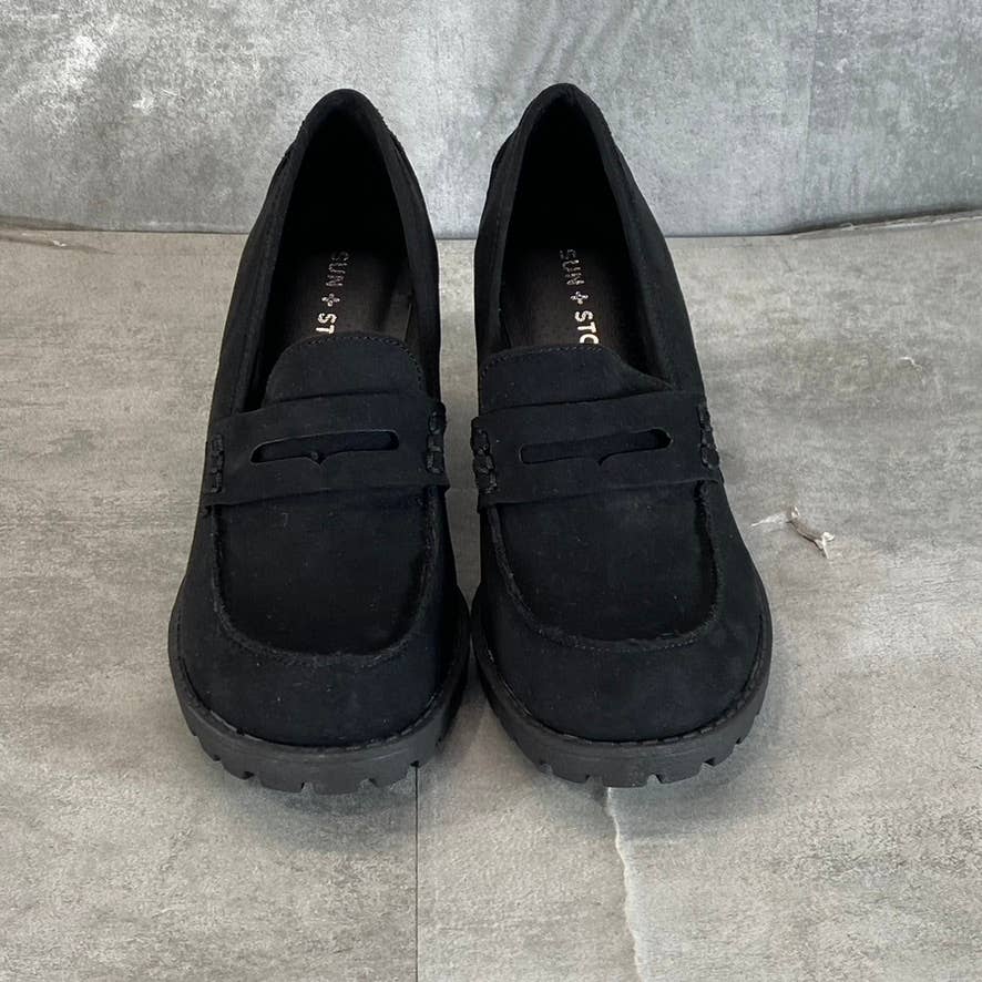 SUN + STONE Women's Black Maycee Round-Toe Lug-Sole Slip-On Loafers SZ 7