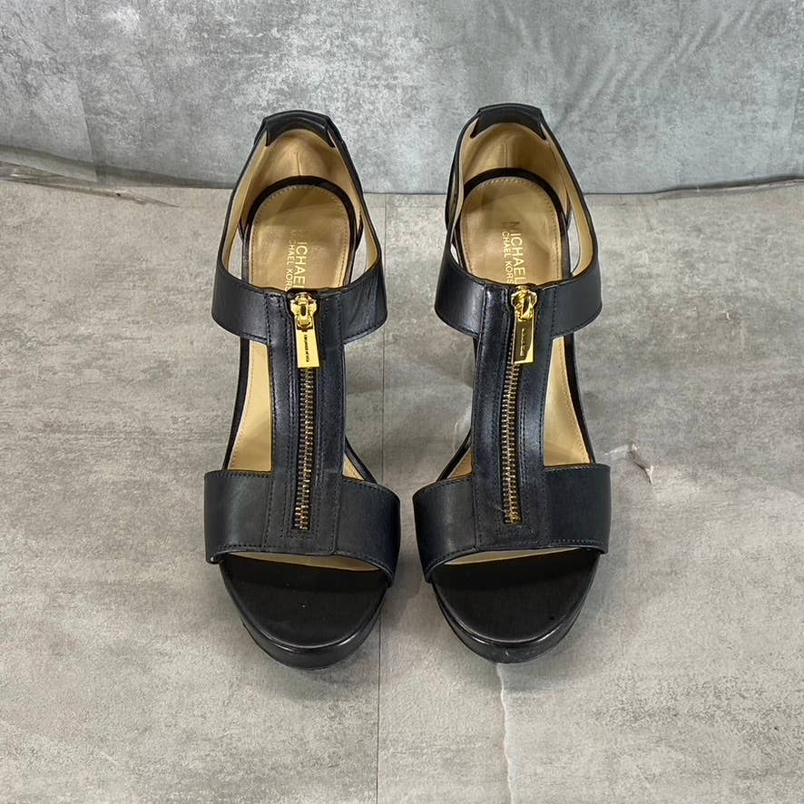 MICHAEL MICHAEL KORS Women's Black Leather Berkley T-Strap Platform Sandals SZ 9