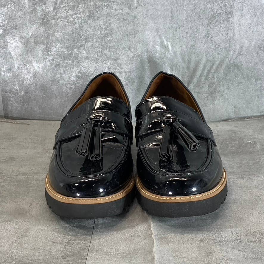 FRANCO SARTO Women's Black Patent Carolynn Almond-Toe Lug Sole Loafers SZ 9.5