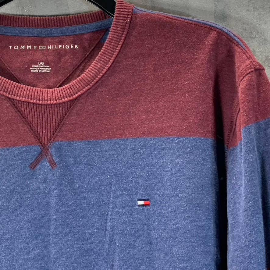 TOMMY HILFIGER Men's Navy/Burgundy Striped Regular-Fit Crewneck Sweater SZ L