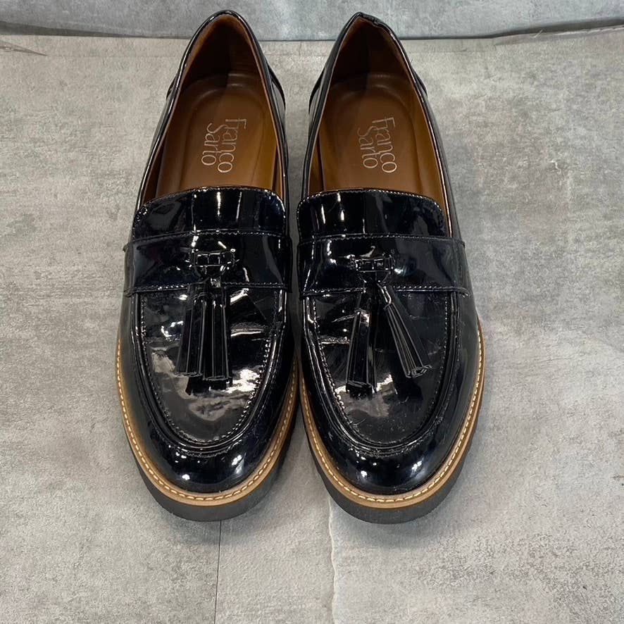 FRANCO SARTO Women's Black Patent Carolynn Almond-Toe Lug Sole Loafers SZ 9.5