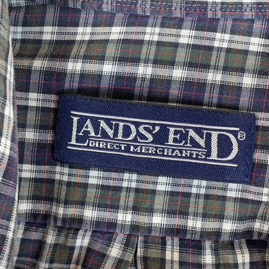 LANDS' END Men's Navy Mini Check Regular-Fit Button-Up Dress Shirt SZ 15.5-32