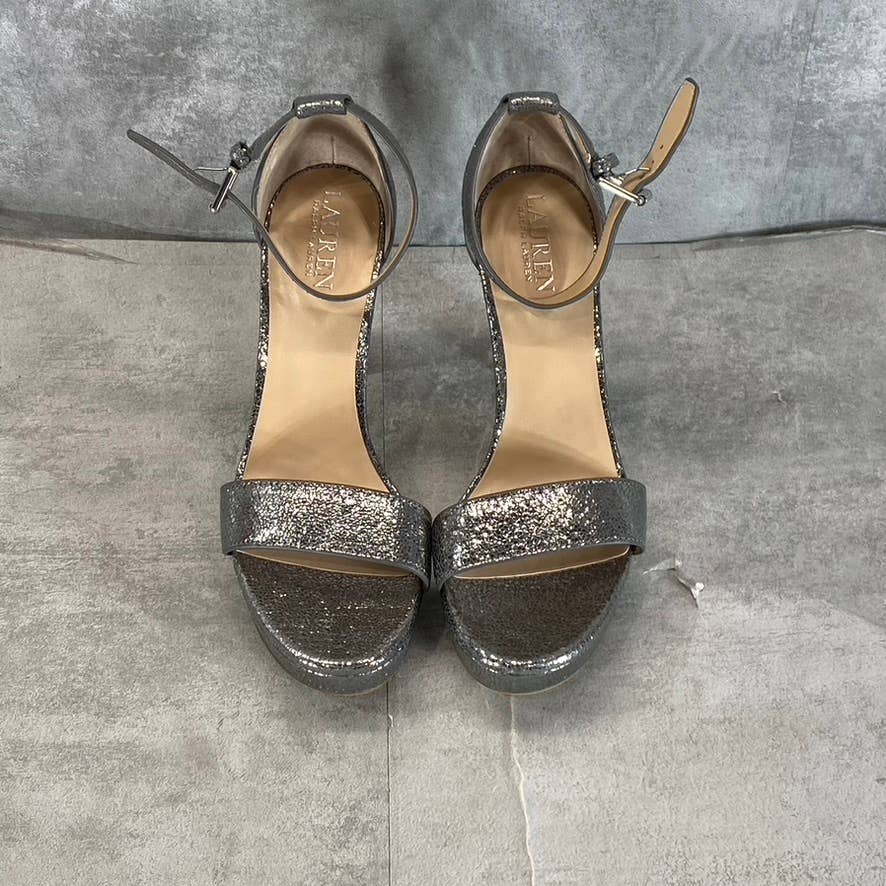 LAUREN RALPH LAUREN Women's Grey Crinkly Leather Sylvia Ankle-Strap Sandal SZ7.5